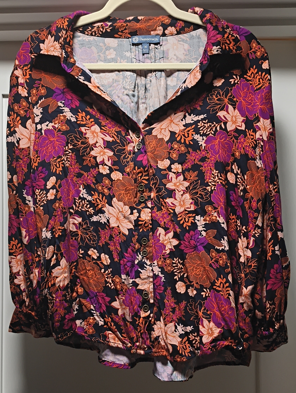 Democracy Floral Button-Front Shirt in Purple, Orange & Black